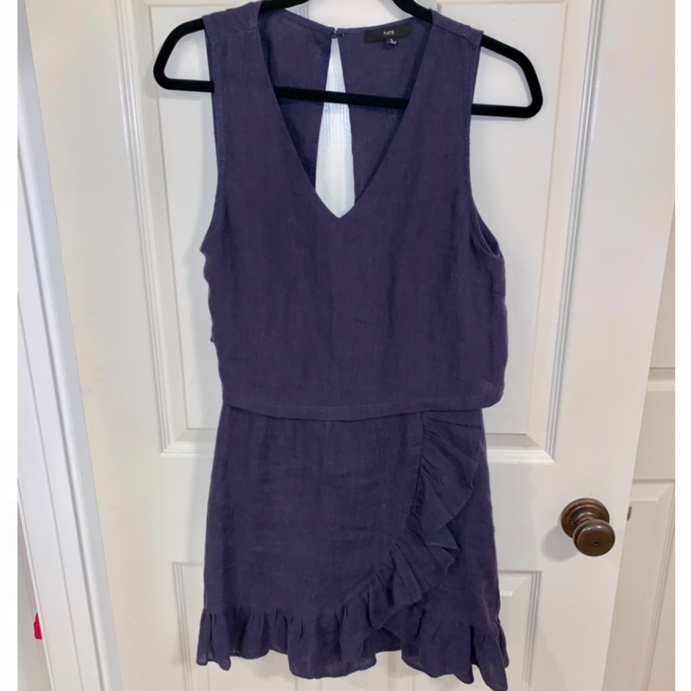 Fate Linen Ruffle Dress Navy Blue Small